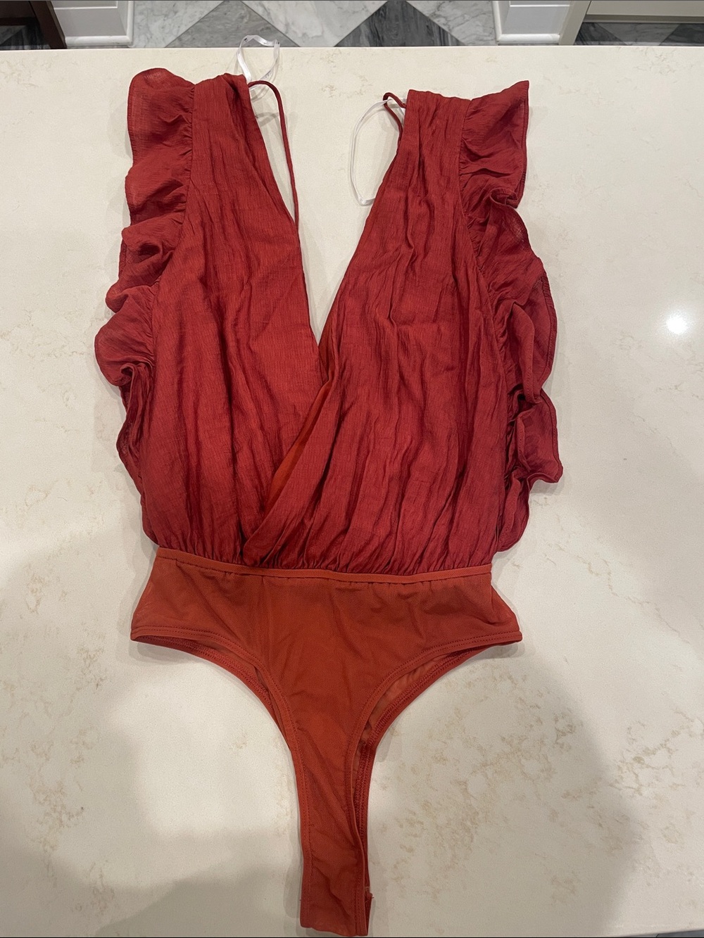 Lulus Rust Red Ruffle body suit size xs